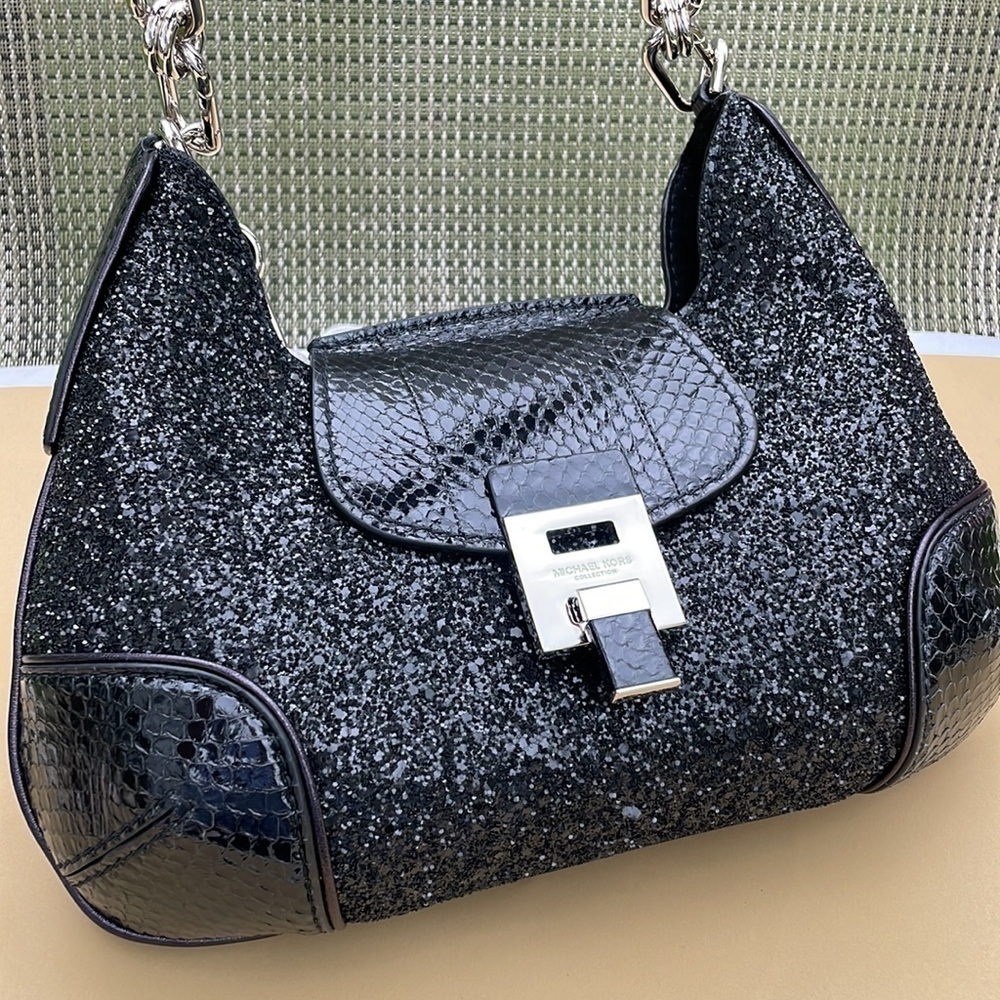 Michael Kors Collection Bancroft Medium Glitter and Snakeskin Shoulder Bag - Picture 7 of 15